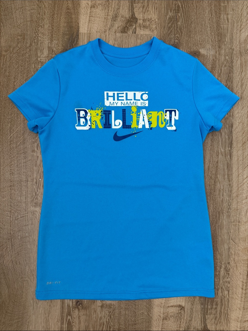 Nike Girl’s Blue 'Hello My Name Is Brilliant' Short Sleeve Dri Fit Graphic Tee